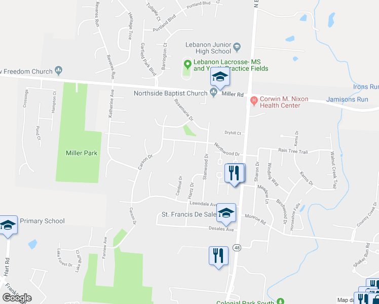 map of restaurants, bars, coffee shops, grocery stores, and more near 927 Gentlewinds Court in Lebanon