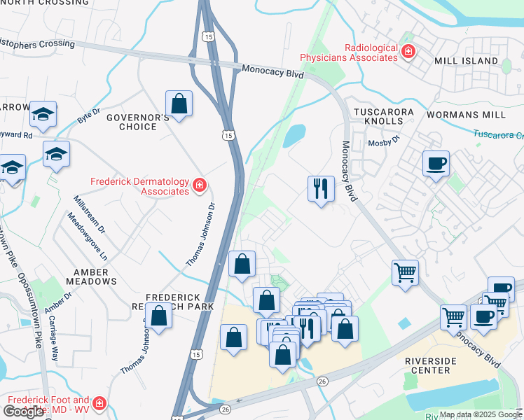 map of restaurants, bars, coffee shops, grocery stores, and more near Spring Bank Way in Frederick