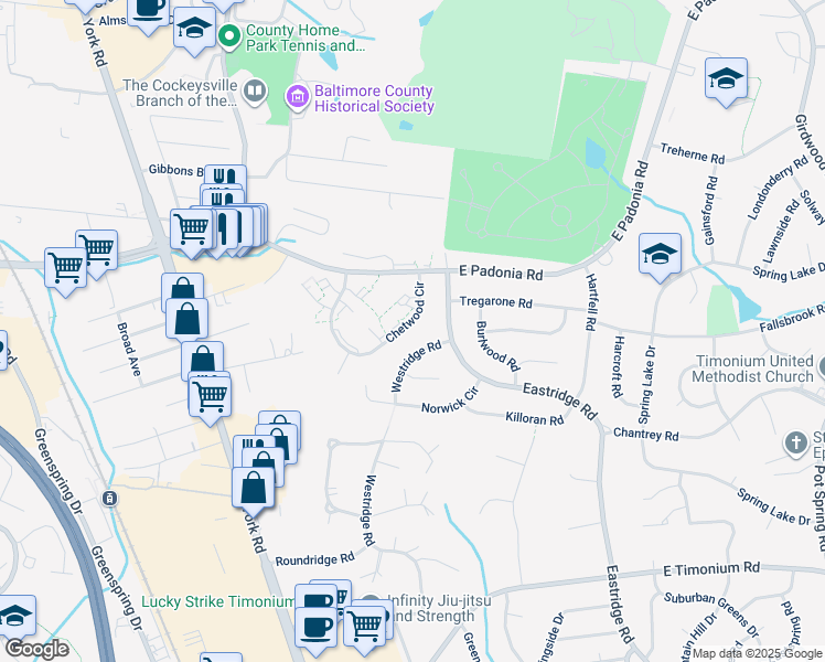 map of restaurants, bars, coffee shops, grocery stores, and more near 2425 Chetwood Circle in Timonium