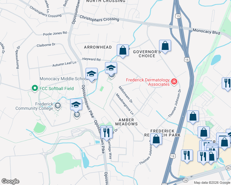 map of restaurants, bars, coffee shops, grocery stores, and more near 1839 Lawnview Drive in Frederick