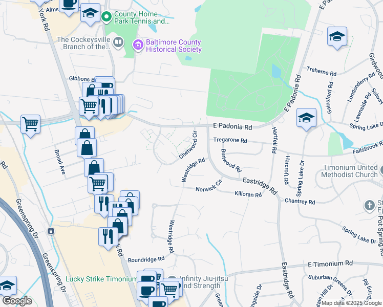 map of restaurants, bars, coffee shops, grocery stores, and more near 2425 Chetwood Circle in Timonium