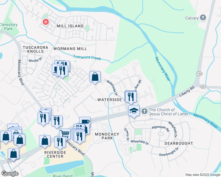map of restaurants, bars, coffee shops, grocery stores, and more near 8241 Black Haw Court in Frederick