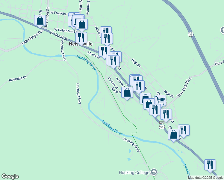 map of restaurants, bars, coffee shops, grocery stores, and more near 593 Back Street in Nelsonville