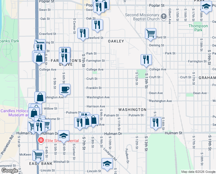 map of restaurants, bars, coffee shops, grocery stores, and more near 1315 South 10th Street in Terre Haute