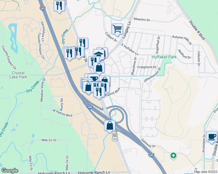 map of restaurants, bars, coffee shops, grocery stores, and more near 555 East Patriot Boulevard in Reno