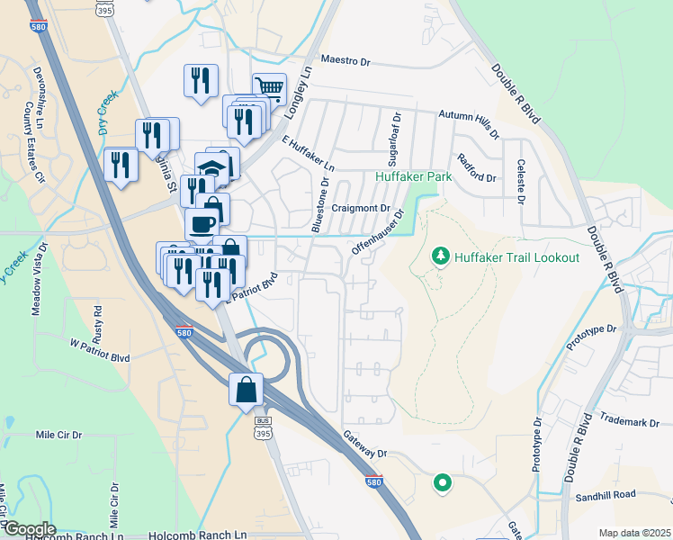map of restaurants, bars, coffee shops, grocery stores, and more near 8455 Offenhauser Drive in Reno