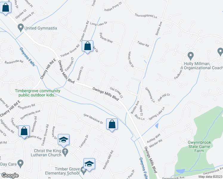 map of restaurants, bars, coffee shops, grocery stores, and more near 26 Old Creek Court in Owings Mills