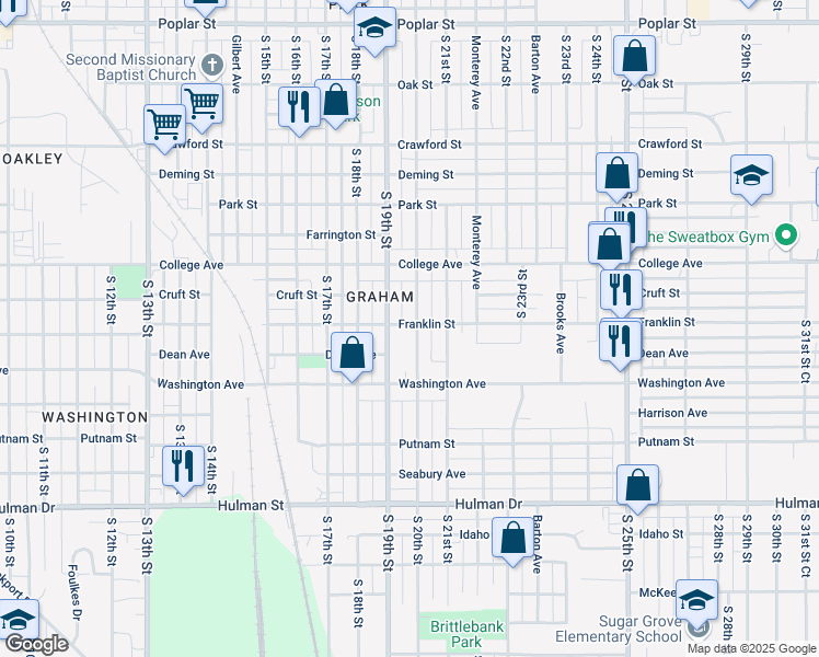 map of restaurants, bars, coffee shops, grocery stores, and more near 1301 South 20th Street in Terre Haute