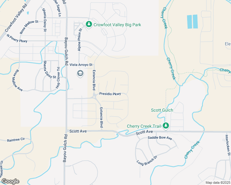 map of restaurants, bars, coffee shops, grocery stores, and more near 5831 La Posada Place in Parker