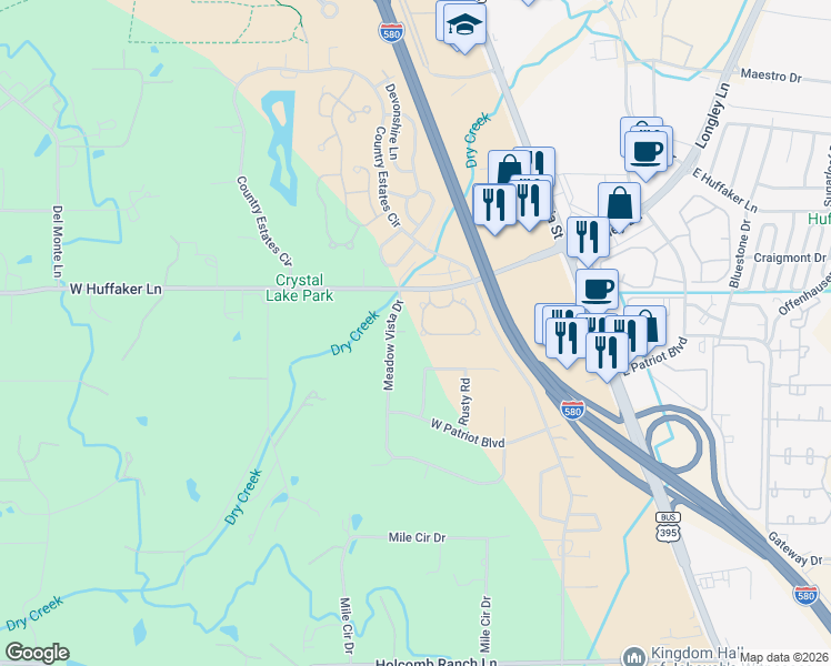map of restaurants, bars, coffee shops, grocery stores, and more near 7860 Meadow Vista Drive in Reno