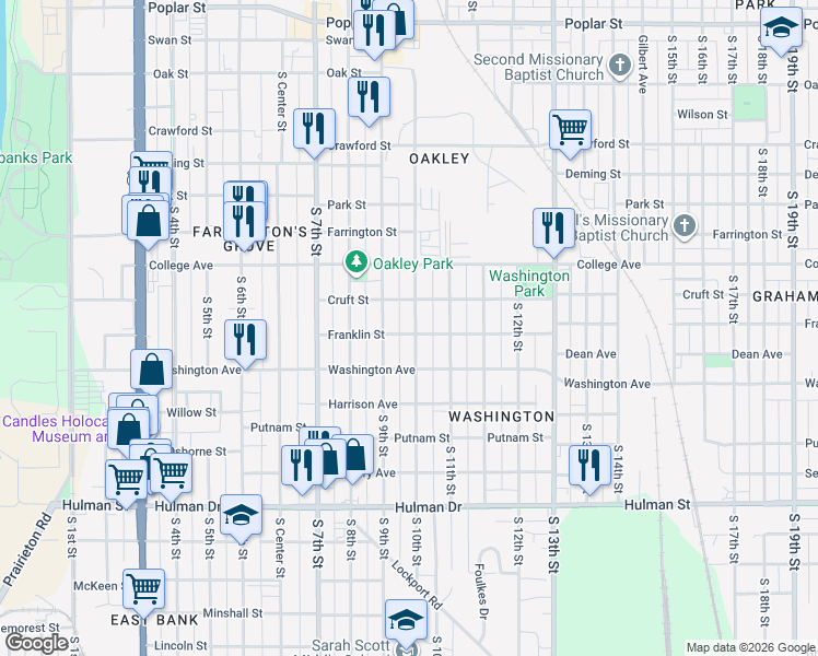 map of restaurants, bars, coffee shops, grocery stores, and more near 1315 South 10th Street in Terre Haute