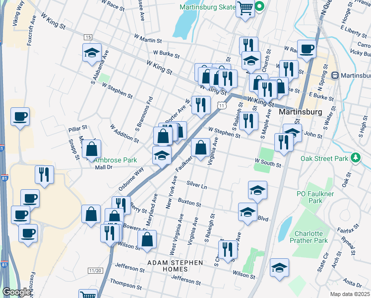 map of restaurants, bars, coffee shops, grocery stores, and more near 508 Winchester Avenue in Martinsburg