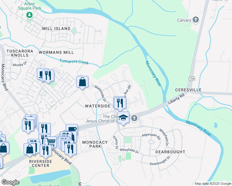 map of restaurants, bars, coffee shops, grocery stores, and more near 8024 Hollow Reed Court in Frederick