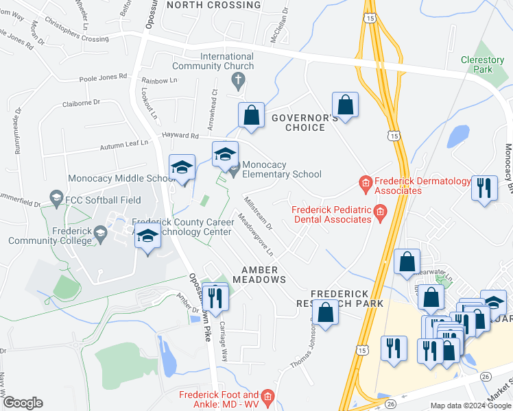 map of restaurants, bars, coffee shops, grocery stores, and more near 1824 Millstream Drive in Frederick
