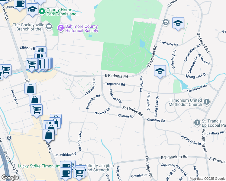 map of restaurants, bars, coffee shops, grocery stores, and more near 100 Galewood Road in Timonium