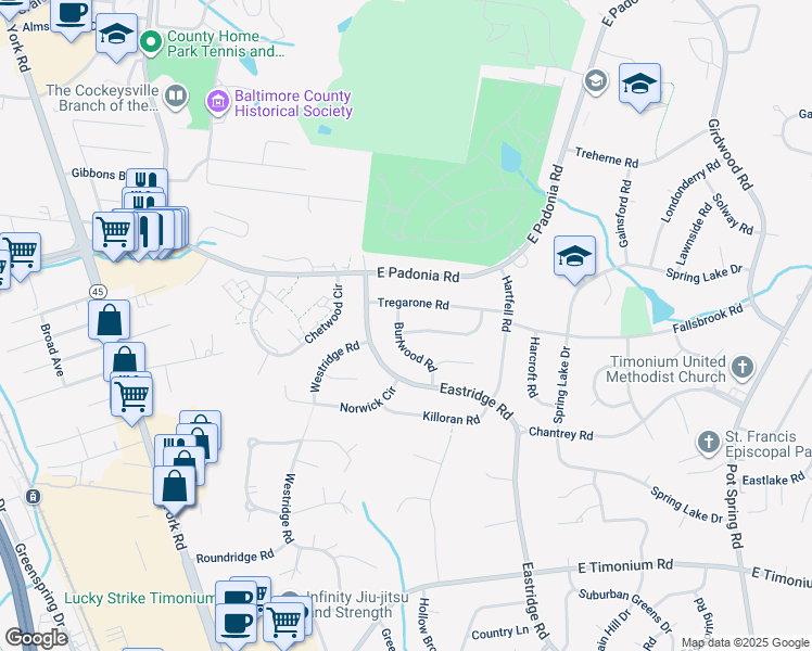map of restaurants, bars, coffee shops, grocery stores, and more near 100 Galewood Road in Timonium
