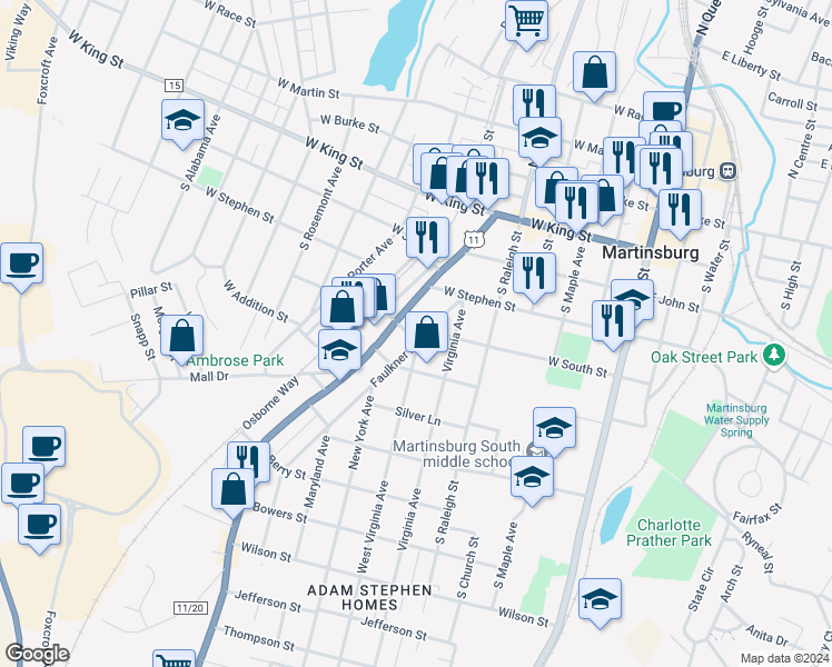 map of restaurants, bars, coffee shops, grocery stores, and more near 449 Faulkner Avenue in Martinsburg