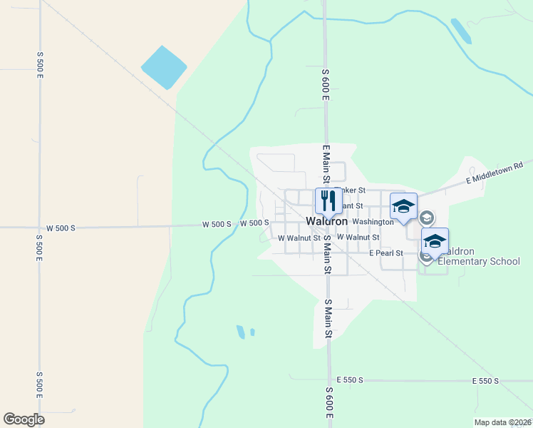 map of restaurants, bars, coffee shops, grocery stores, and more near 5730 East 500 South in Waldron