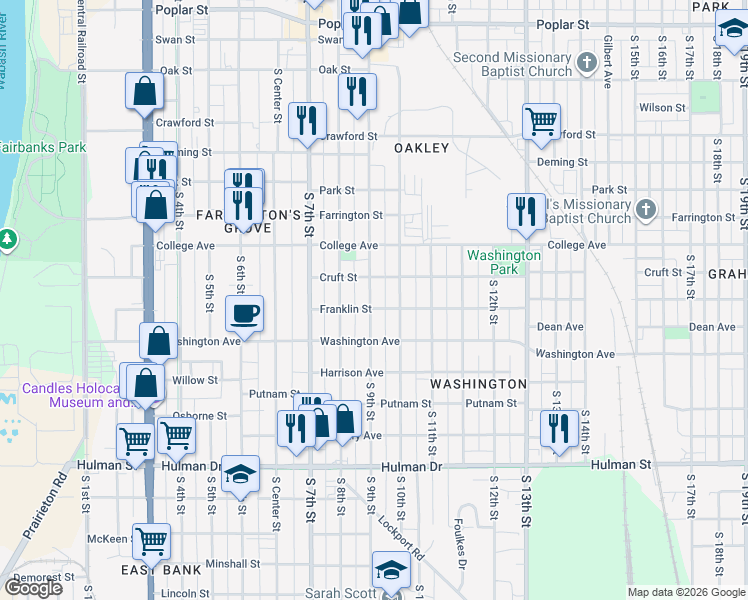 map of restaurants, bars, coffee shops, grocery stores, and more near 1201 South 10th Street in Terre Haute