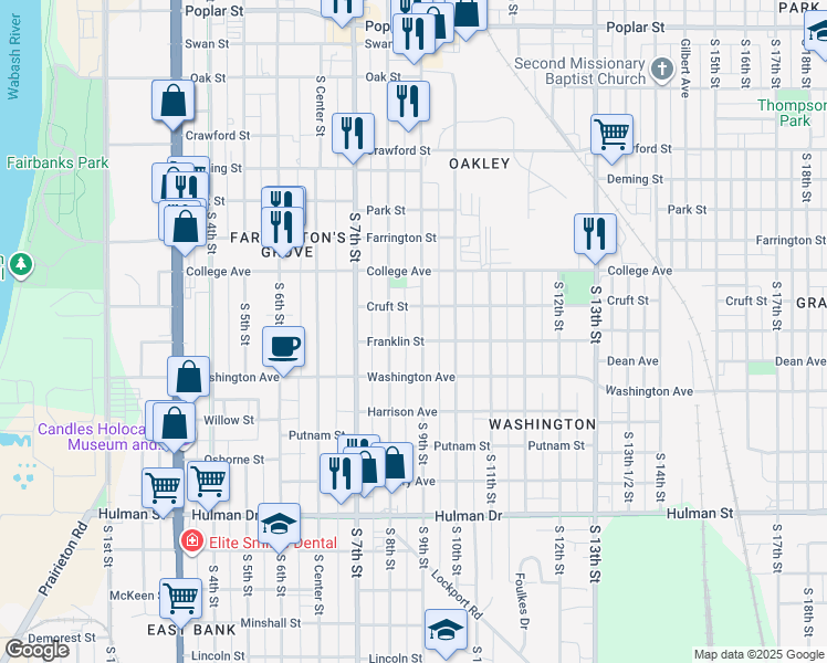 map of restaurants, bars, coffee shops, grocery stores, and more near 803 Cruft Street in Terre Haute