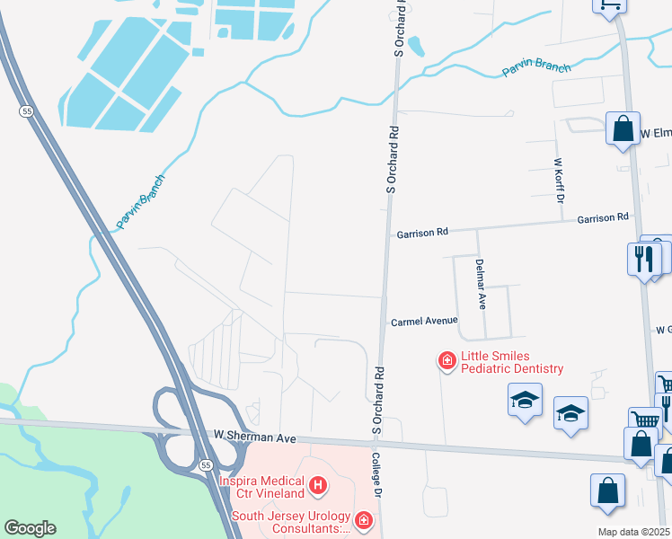 map of restaurants, bars, coffee shops, grocery stores, and more near 2254 South Orchard Road in Vineland