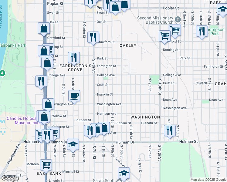 map of restaurants, bars, coffee shops, grocery stores, and more near 1201 South 10th Street in Terre Haute