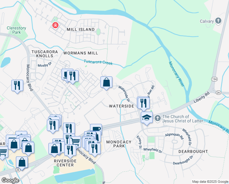 map of restaurants, bars, coffee shops, grocery stores, and more near 8220 Red Wing Court in Frederick