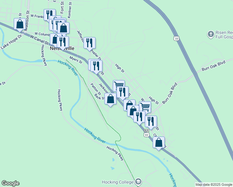 map of restaurants, bars, coffee shops, grocery stores, and more near 638 Chestnut Street in Nelsonville