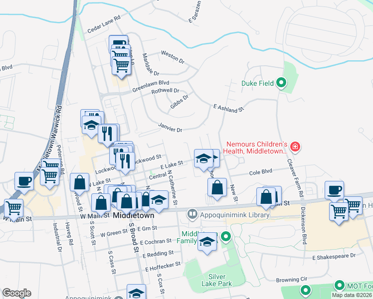 map of restaurants, bars, coffee shops, grocery stores, and more near 219 East Lake Street in Middletown