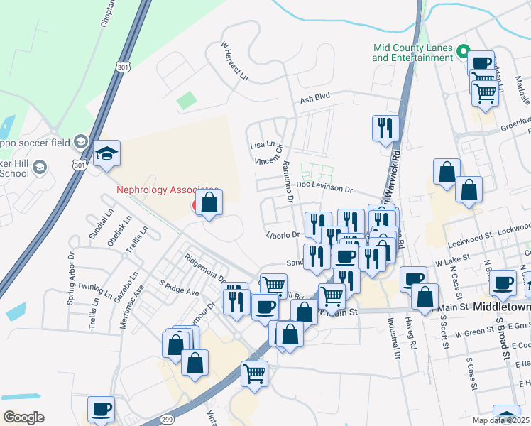 map of restaurants, bars, coffee shops, grocery stores, and more near 157 Liborio Drive in Middletown
