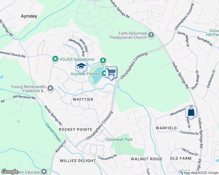 map of restaurants, bars, coffee shops, grocery stores, and more near 2100 Whittier Drive in Frederick