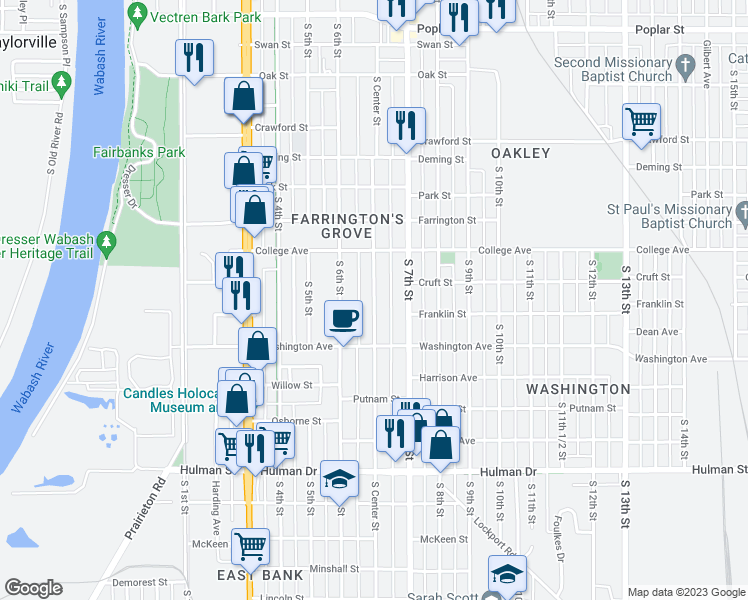 map of restaurants, bars, coffee shops, grocery stores, and more near 1205 South Center Street in Terre Haute