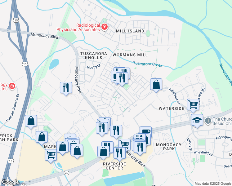 map of restaurants, bars, coffee shops, grocery stores, and more near 997 Mill Pond Road in Frederick