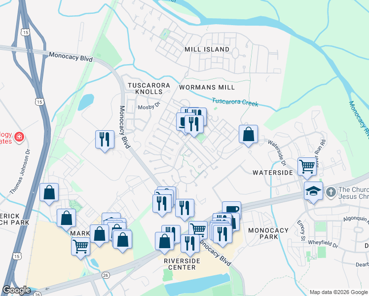 map of restaurants, bars, coffee shops, grocery stores, and more near 997 Mill Pond Road in Frederick