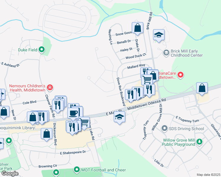 map of restaurants, bars, coffee shops, grocery stores, and more near 232 Bucktail Drive in Middletown