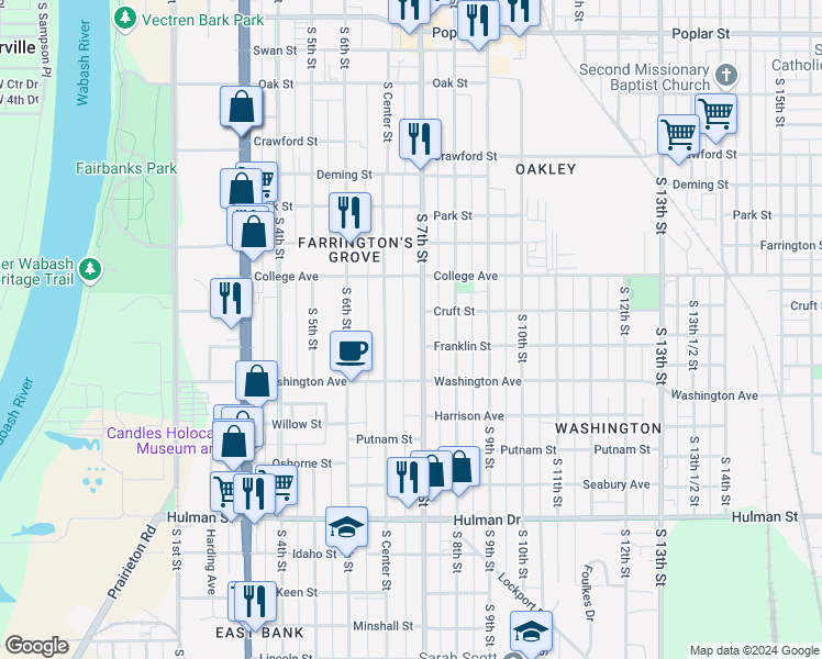 map of restaurants, bars, coffee shops, grocery stores, and more near 1136 South Center Street in Terre Haute