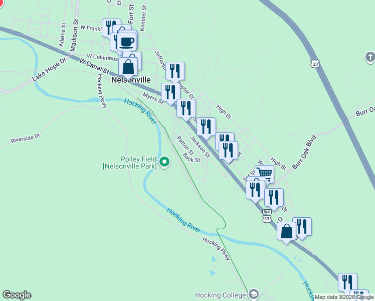 map of restaurants, bars, coffee shops, grocery stores, and more near 532 Patton Street in Nelsonville