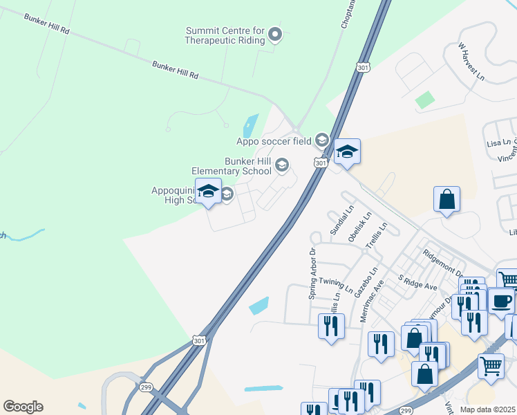 map of restaurants, bars, coffee shops, grocery stores, and more near 1080 Bunker Hill Road in Middletown