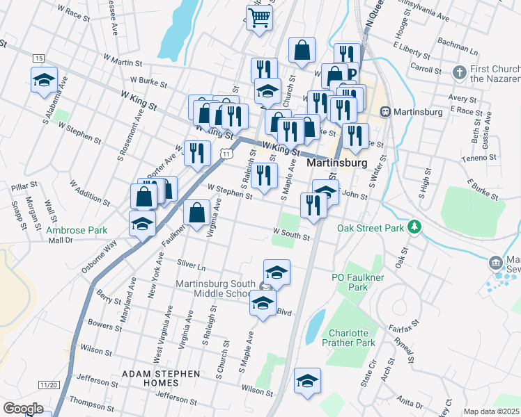 map of restaurants, bars, coffee shops, grocery stores, and more near 380 West South Street in Martinsburg