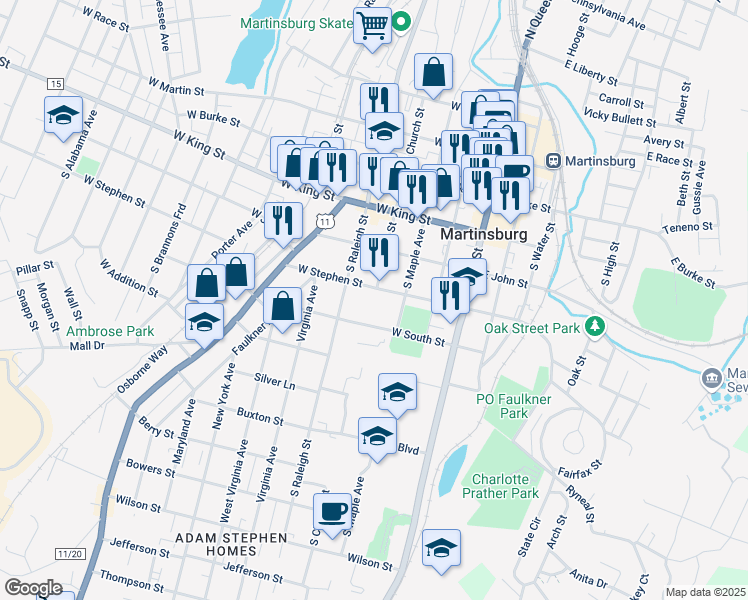 map of restaurants, bars, coffee shops, grocery stores, and more near 380 West South Street in Martinsburg