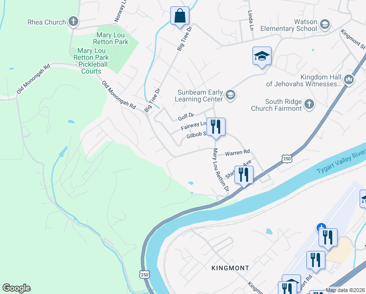 map of restaurants, bars, coffee shops, grocery stores, and more near 120 Gilbob Street in Fairmont