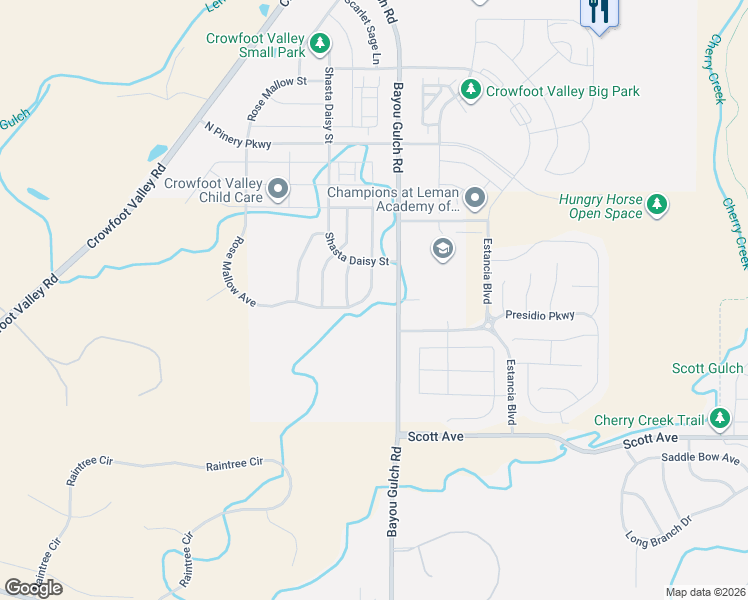 map of restaurants, bars, coffee shops, grocery stores, and more near 14440 Hop Clover Trail in Parker