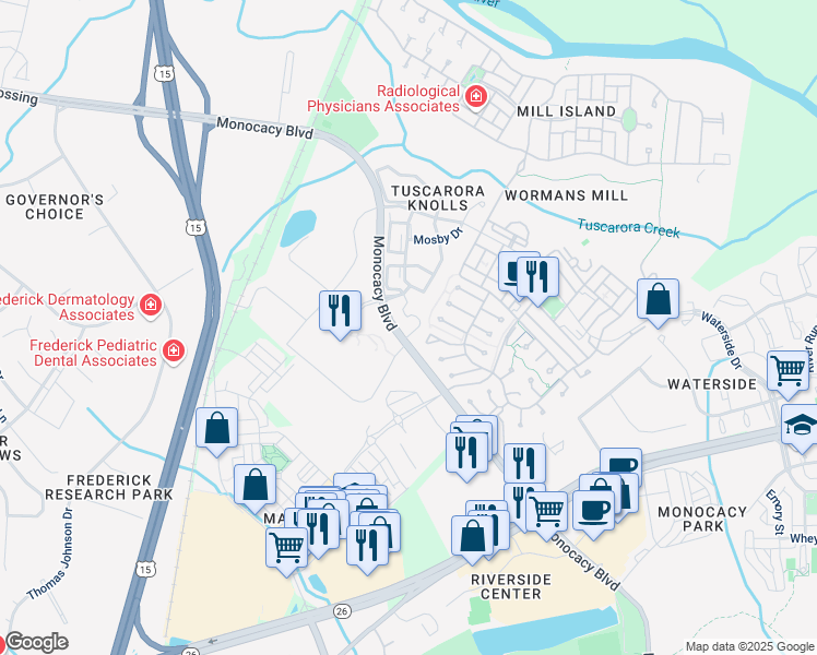 map of restaurants, bars, coffee shops, grocery stores, and more near 2605 Everly Drive in Frederick