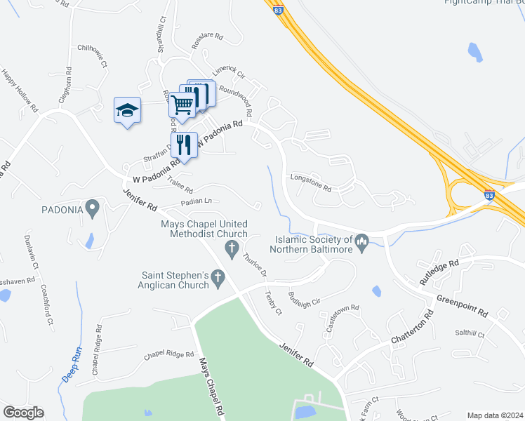 map of restaurants, bars, coffee shops, grocery stores, and more near 12000 Tralee Road in Lutherville-Timonium