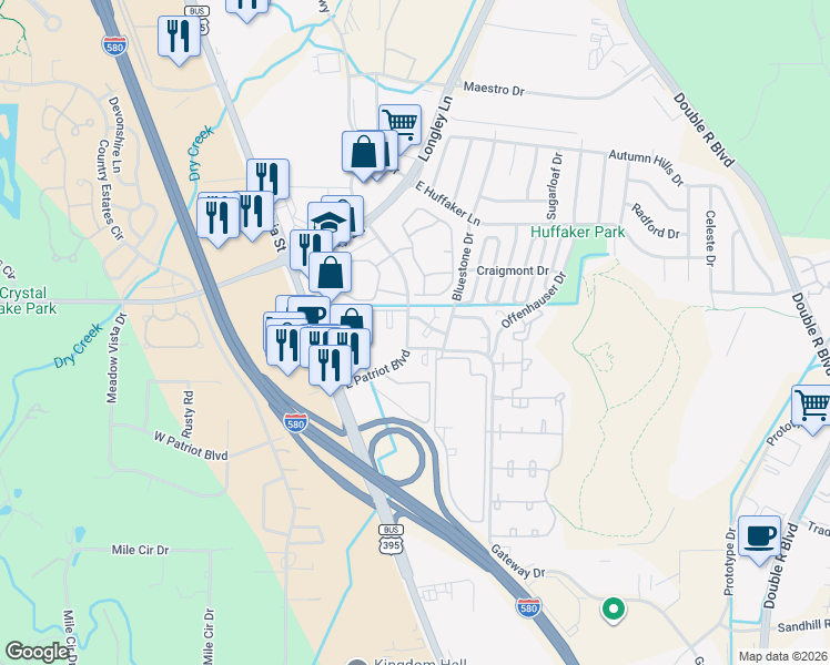 map of restaurants, bars, coffee shops, grocery stores, and more near 795 Kingston Drive in Reno