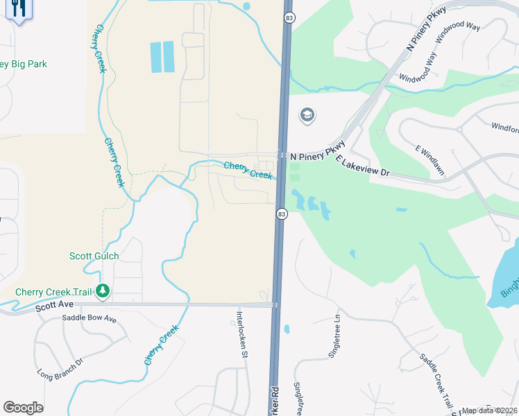 map of restaurants, bars, coffee shops, grocery stores, and more near 6749 Club Villa Road in Parker