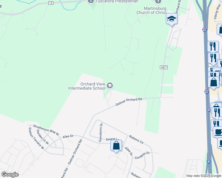 map of restaurants, bars, coffee shops, grocery stores, and more near 1455 Delmar Orchard Road in Martinsburg
