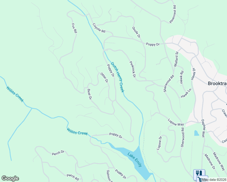 map of restaurants, bars, coffee shops, grocery stores, and more near 26650 Poppy Drive in Willits