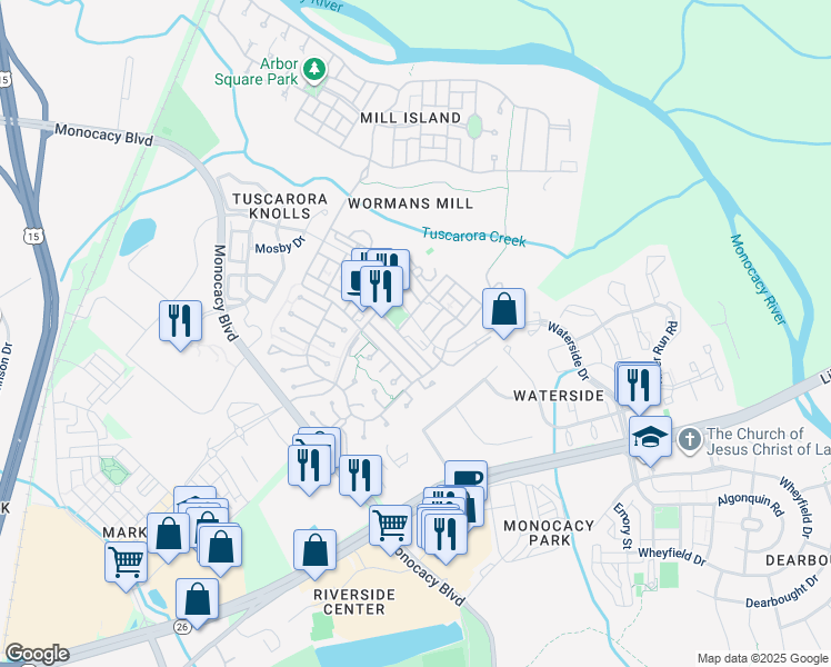 map of restaurants, bars, coffee shops, grocery stores, and more near 2470 Merchant Street in Frederick