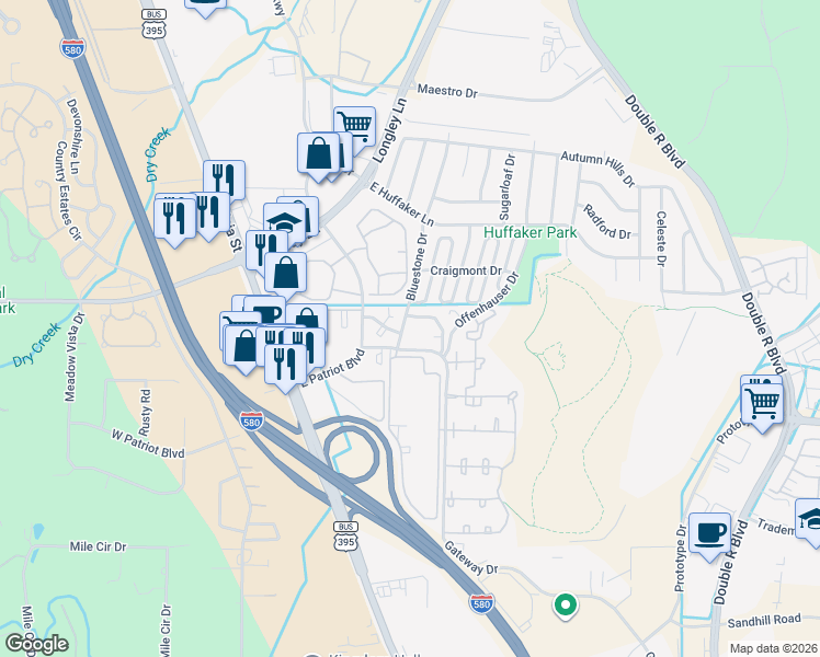 map of restaurants, bars, coffee shops, grocery stores, and more near 419 Barclay Court in Reno